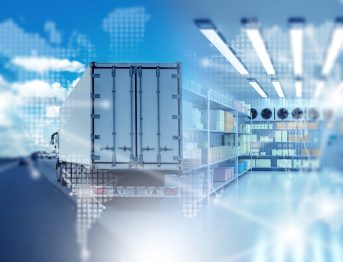Truck with refrigerated container. Refrigerator inside truck. Machine for transporting frozen goods. Refrigerator with boxes on racks. Truck is driving along road. Interior of mobile refrigerator.; Shutterstock ID 2546599837; purchase_order: -; job: -; client: -; other: