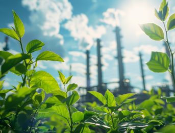 Fresh green leaves in the foreground with a blurred industrial plant and blue sky behind them; Shutterstock ID 2584178049; purchase_order: -; job: -; client: -; other: